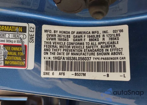 2006 Honda Civic Lx from USA, damaged, VIN 1HGFA16536L056037